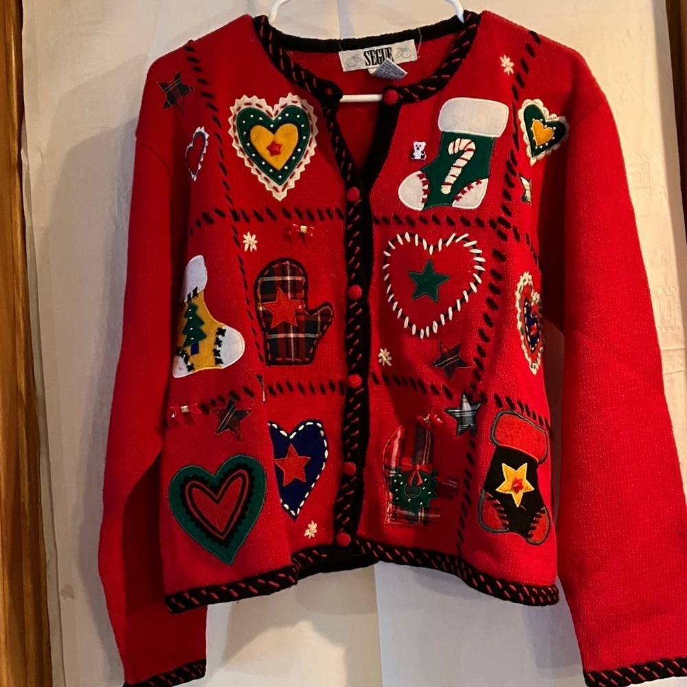 Women’s Vintage Segue “ugly Xmas” Sz L Red Knit Button Down Cardigan w/Appliques